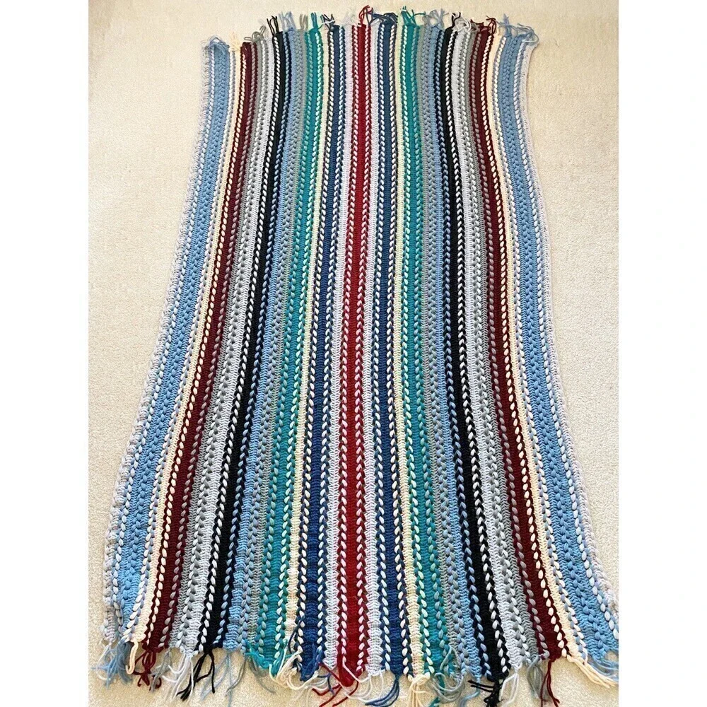 Handmade Blue Burgundy Striped Crochet Afghan Throw Fringe Roseanne Mission Sofa